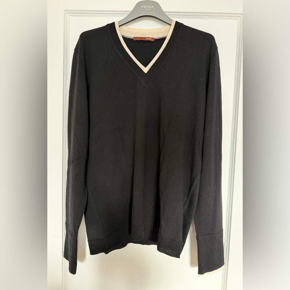Bally Black V-Neck Sweater with Cream Trim